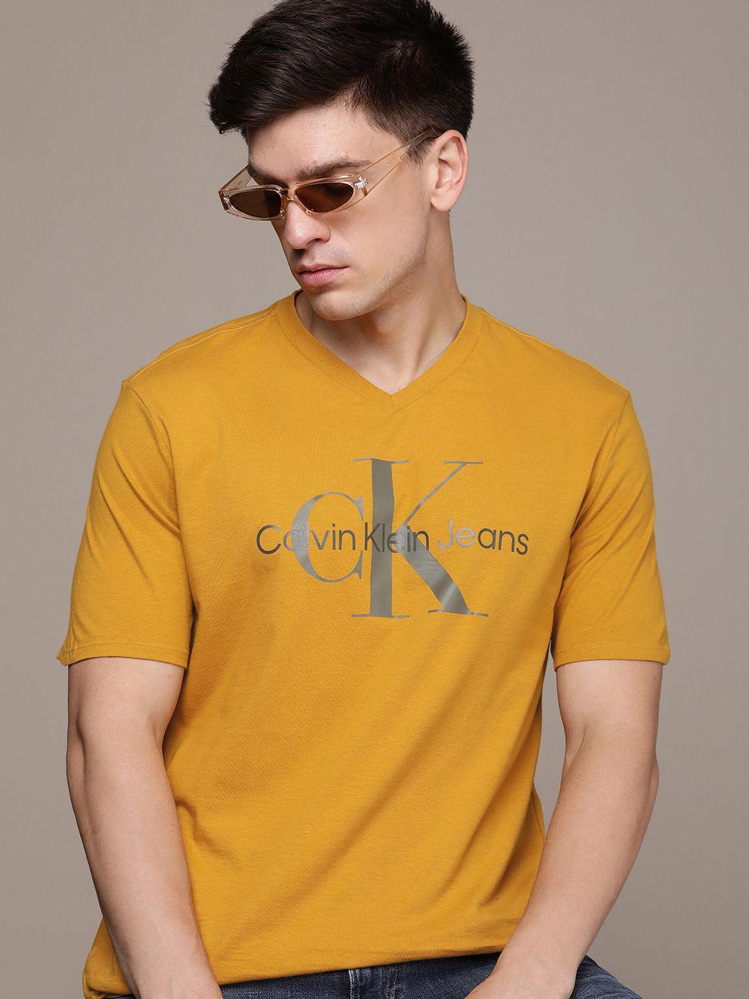 calvin klein jeans pure cotton brand logo printed v neck casual t-shirt