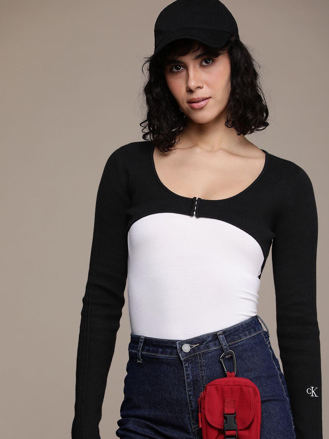 calvin klein jeans self-design ribbed super crop cardigan