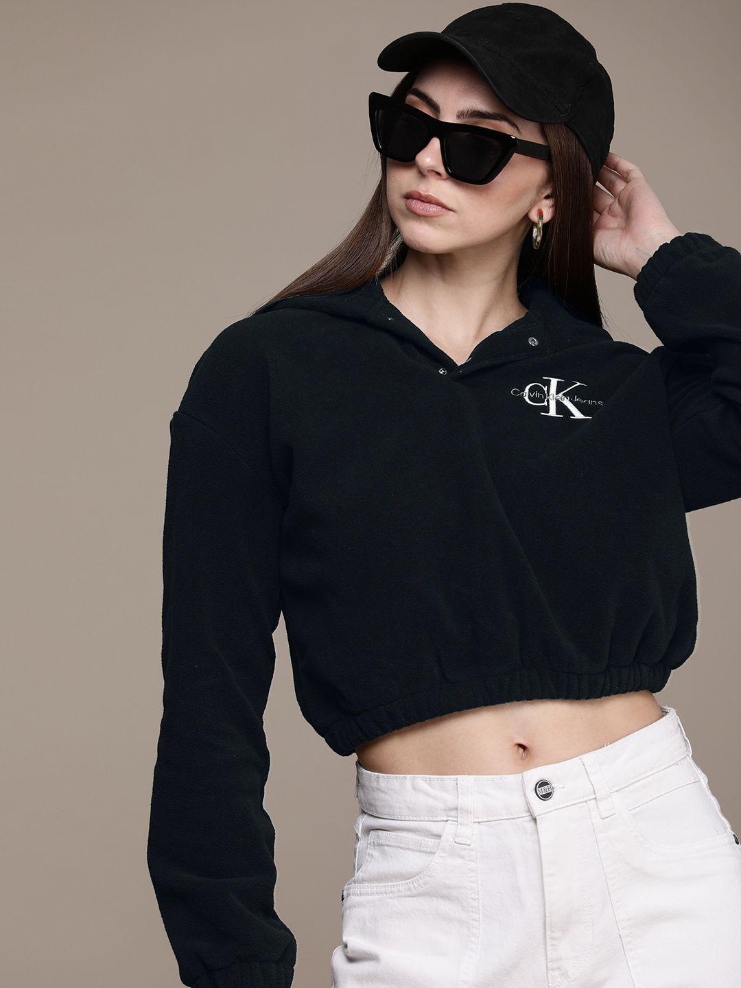 calvin klein jeans solid long sleeves hooded crop casual sweatshirt