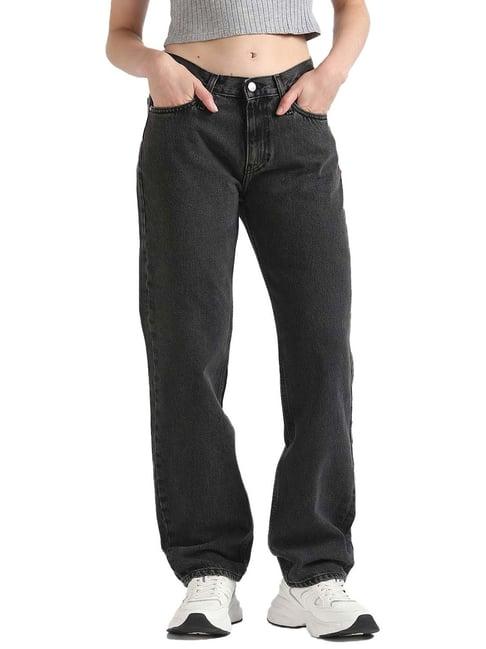 calvin klein jeans straight denim black dark rinse mid rise jeans