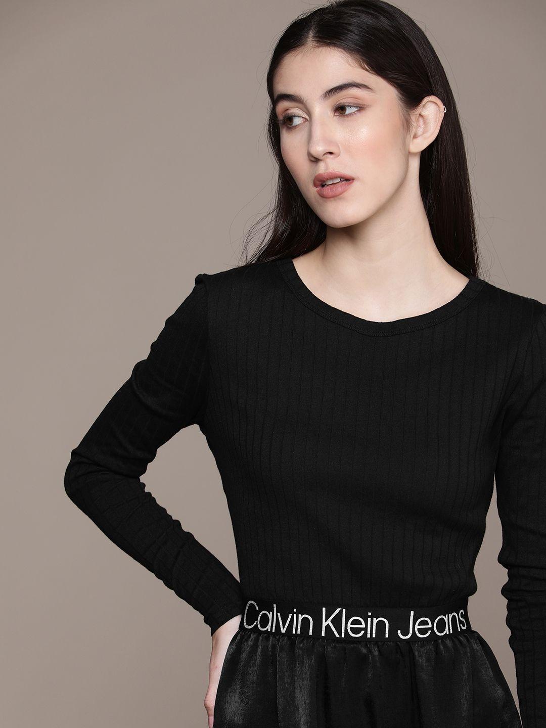 calvin klein jeans women black brand logo elastic ribbed dress