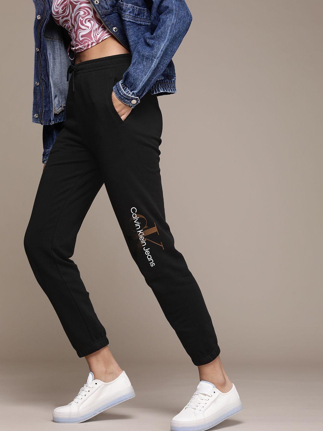 calvin klein jeans women black brand logo printed applique regular joggers