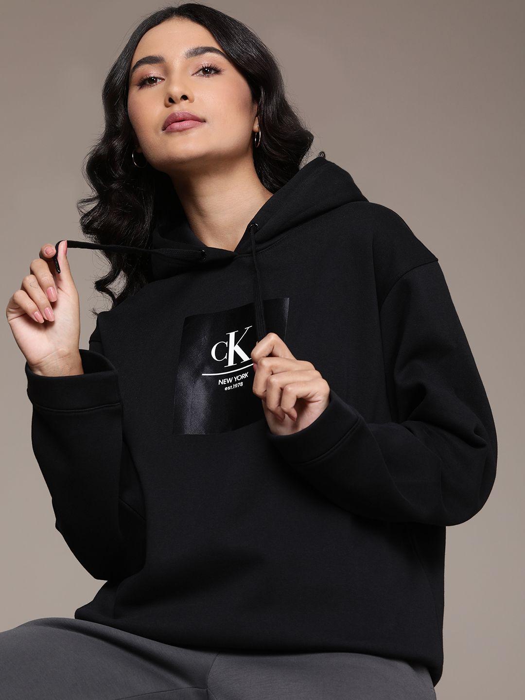 calvin klein jeans women black printed hooded oversized sweatshirt