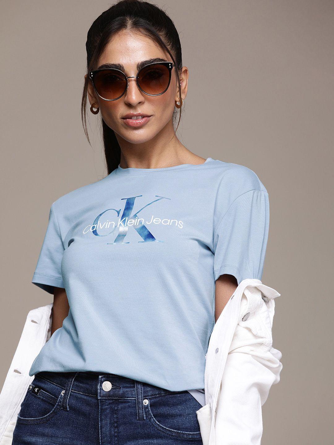 calvin klein jeans women blue brand logo printed slim fit t-shirt