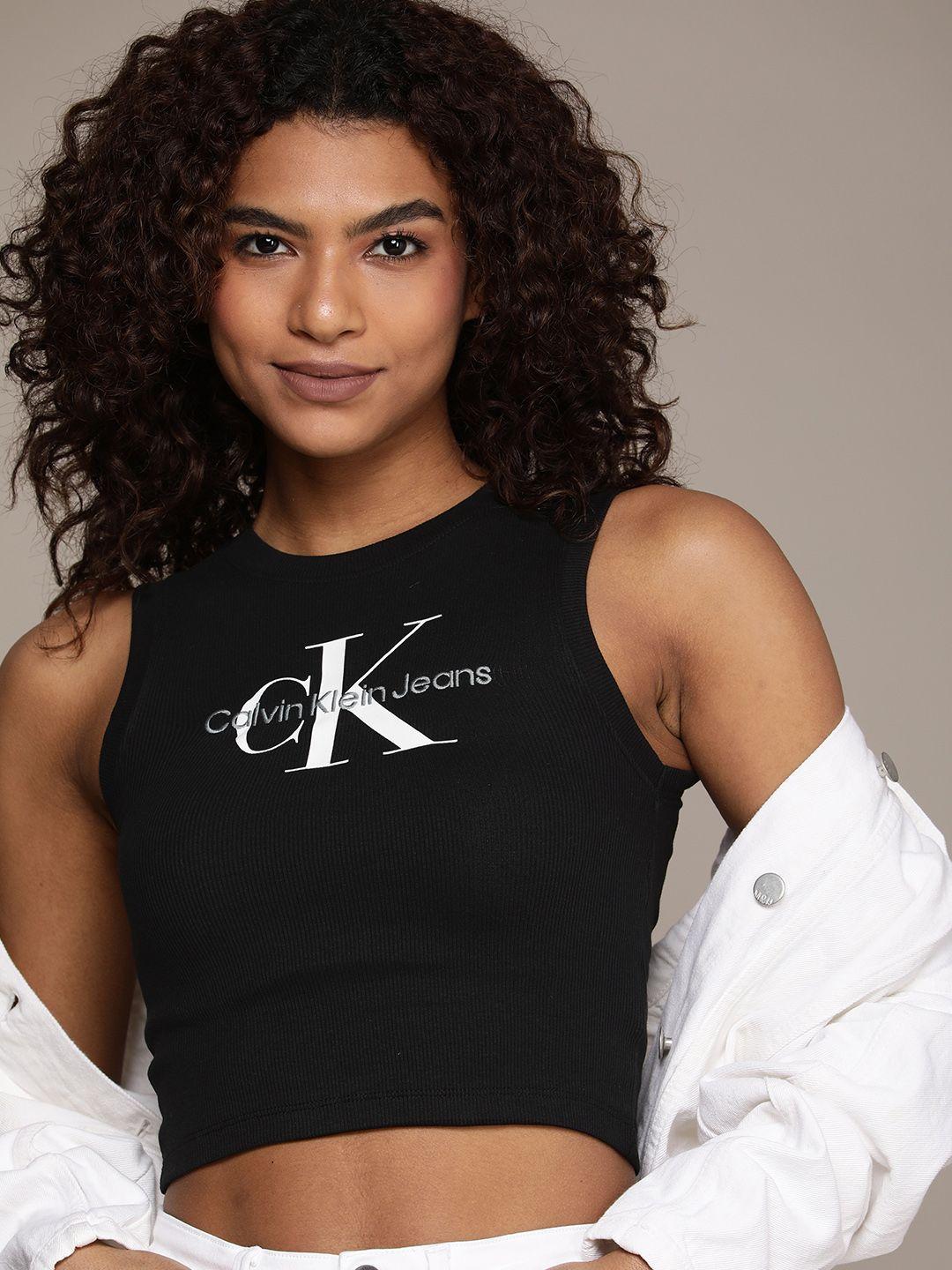 calvin klein jeans women brand logo print & embroidered compression tank crop t-shirt