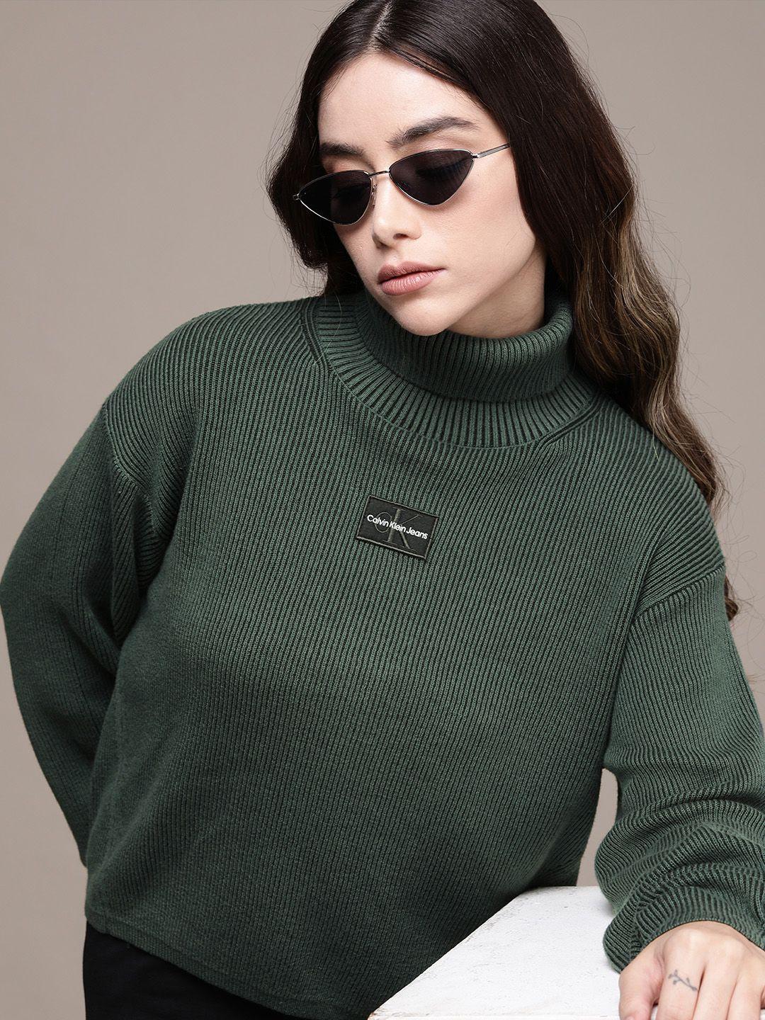 calvin klein jeans women green solid turtle neck cable knit pullover