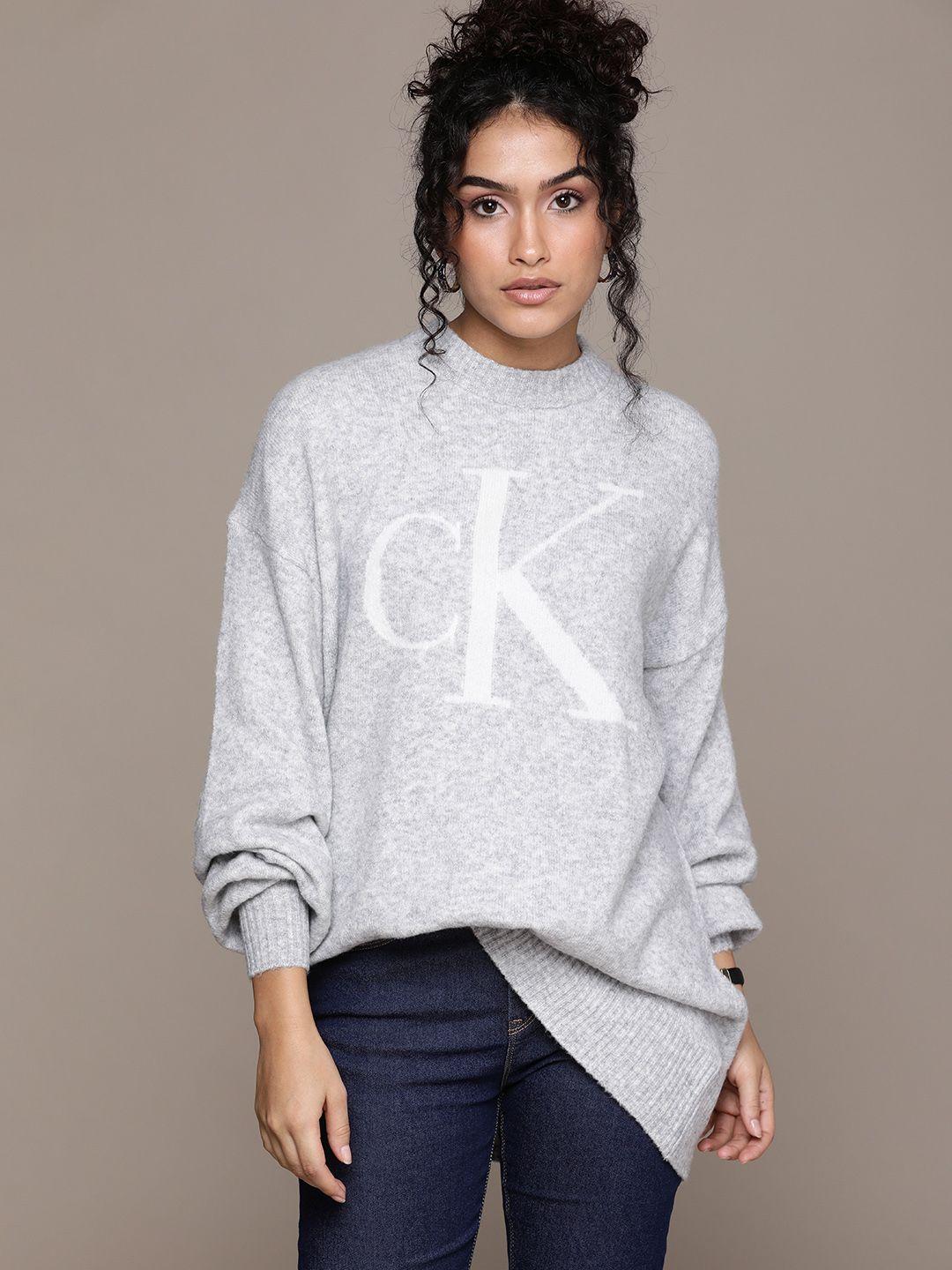 calvin klein jeans women grey melange printed pullover sweater