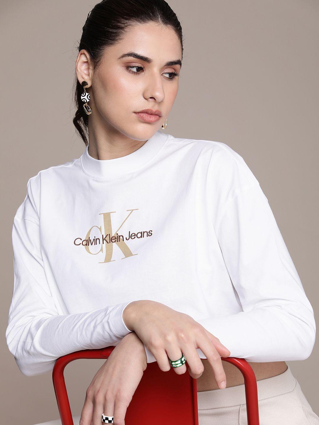 calvin klein jeans women pure cotton brand logo printed boxy crop t-shirt