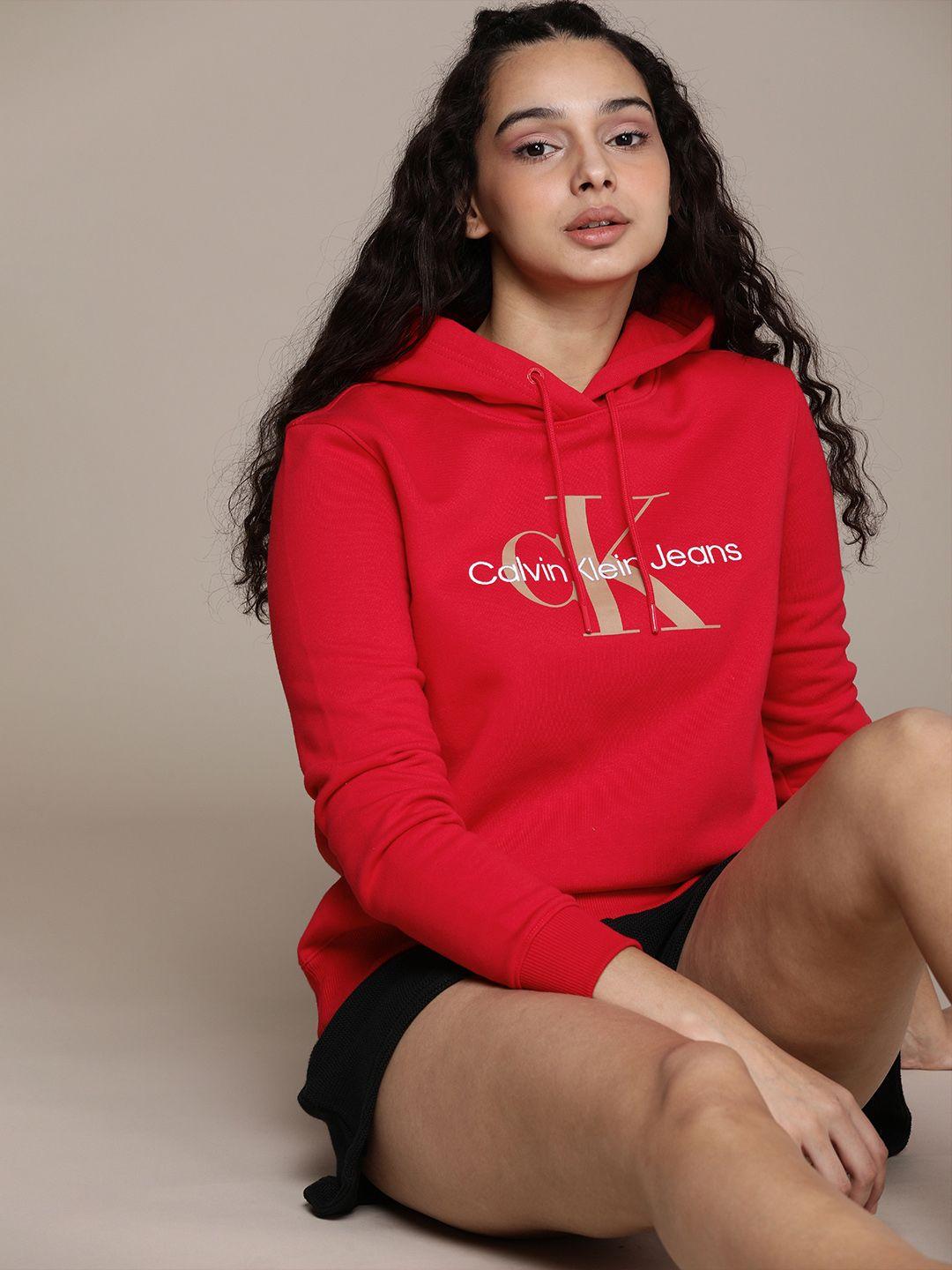 calvin klein jeans women red printed hooded sweatshirt