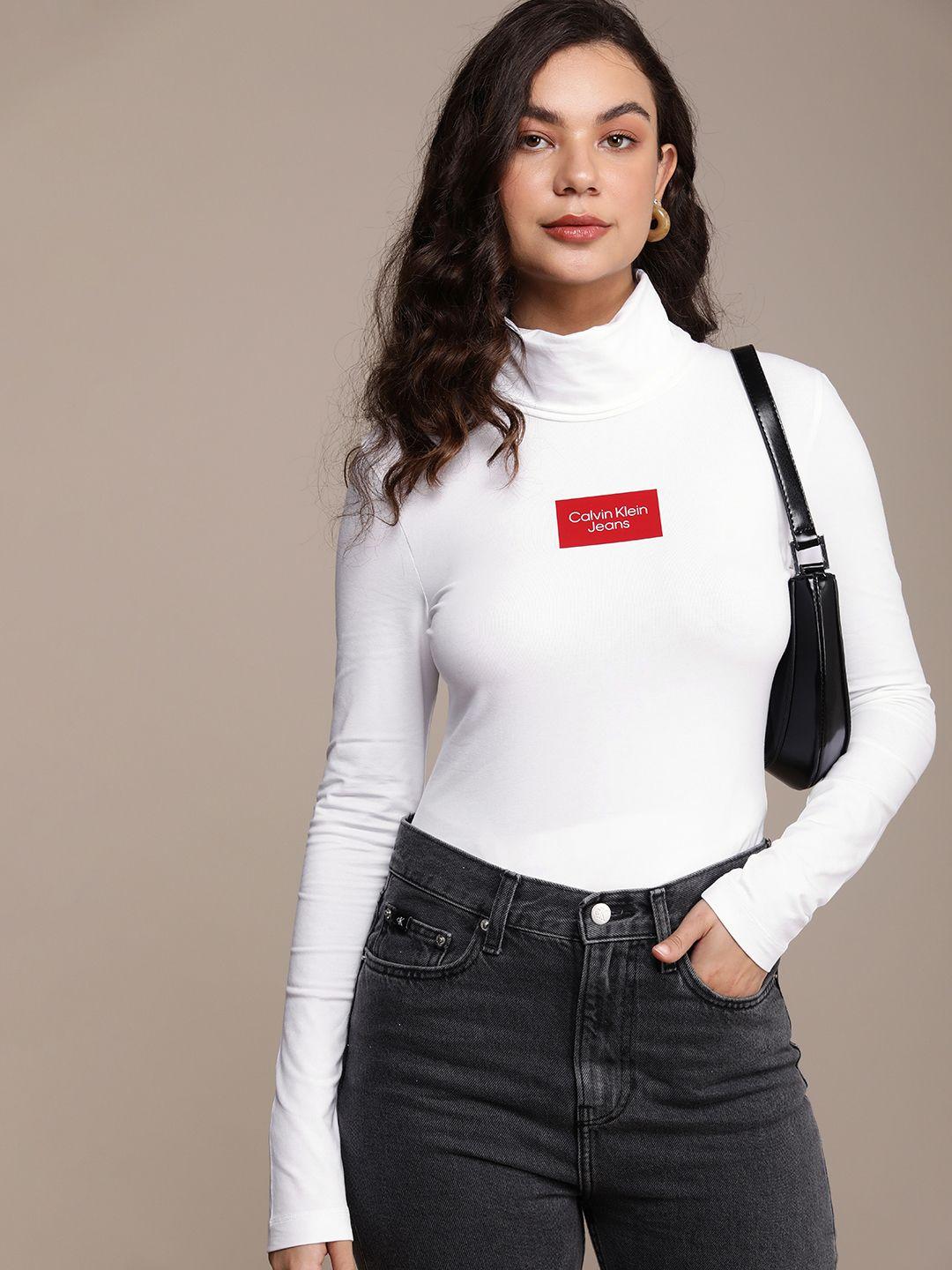 calvin klein jeans women turtle neck slim fit t-shirt with logo print