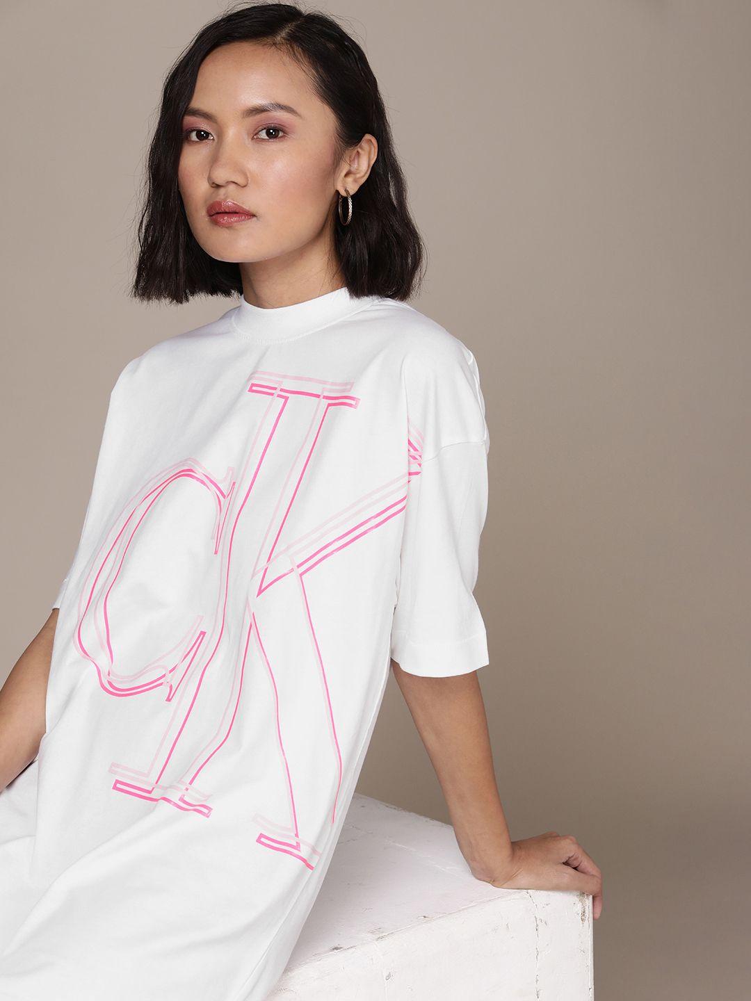 calvin klein jeans women white & pink printed pure cotton t-shirt dress