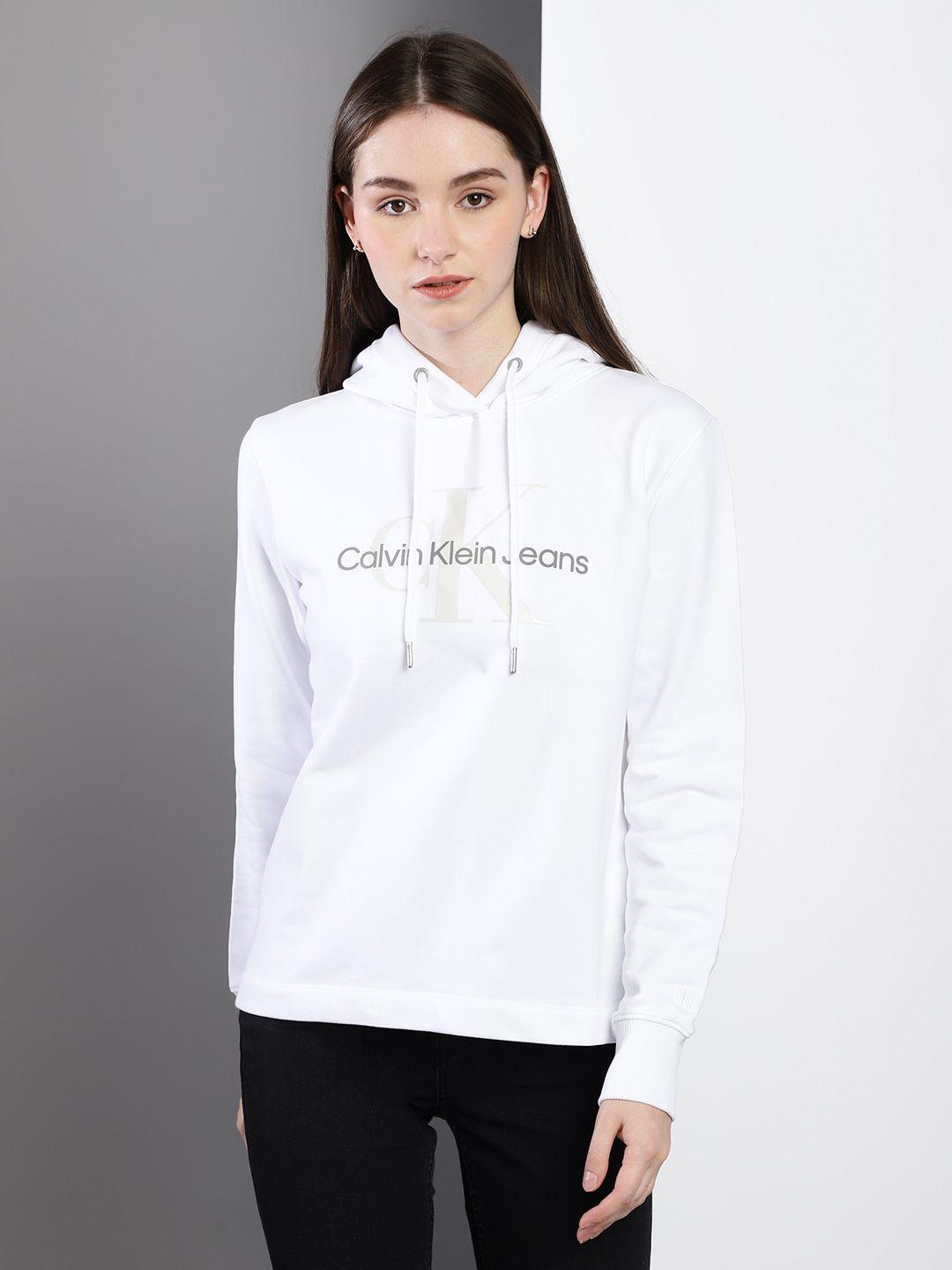 calvin klein jeans women white brand logo embroidered pure cotton hooded sweatshirt