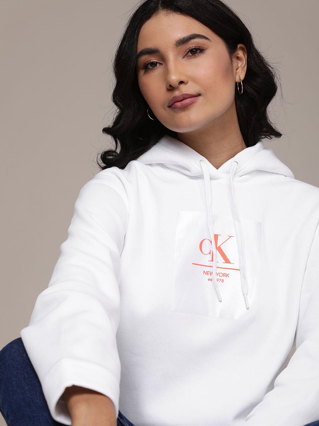 calvin klein jeans women white printed hooded oversized sweatshirt