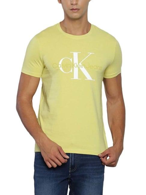 calvin klein jeans yellow sand cotton slim fit logo printed t-shirt