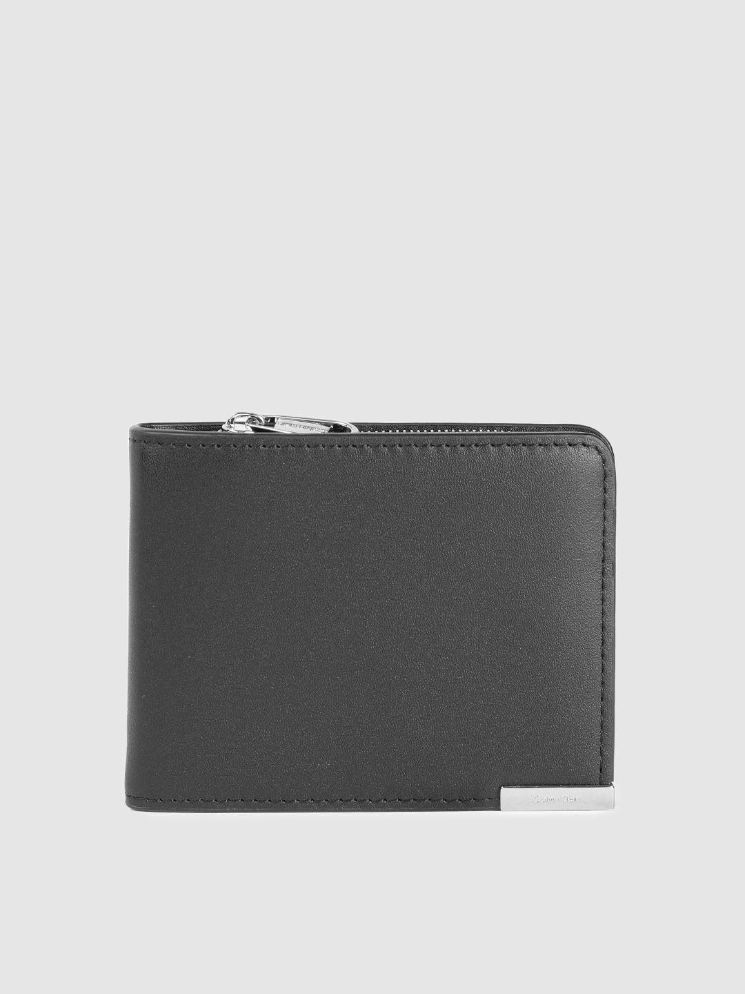 calvin klein men black leather two fold wallet