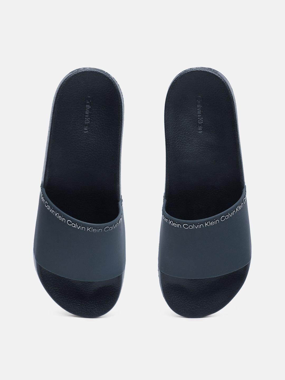 calvin klein men blue printed sliders