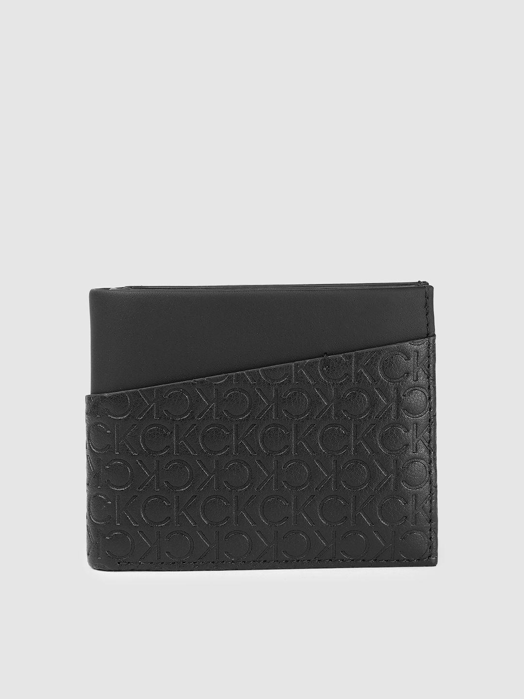 calvin klein men brand logo debossed leather two fold wallet with rfid