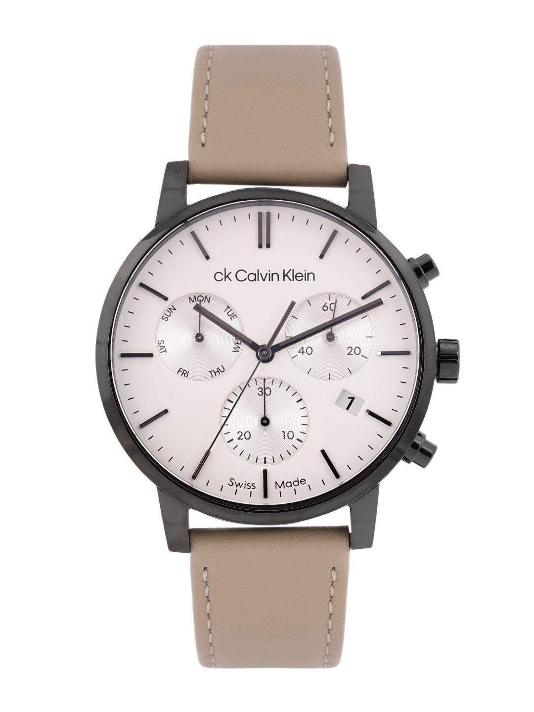 calvin klein men leather strap analogue swiss chronograph watch 25000030