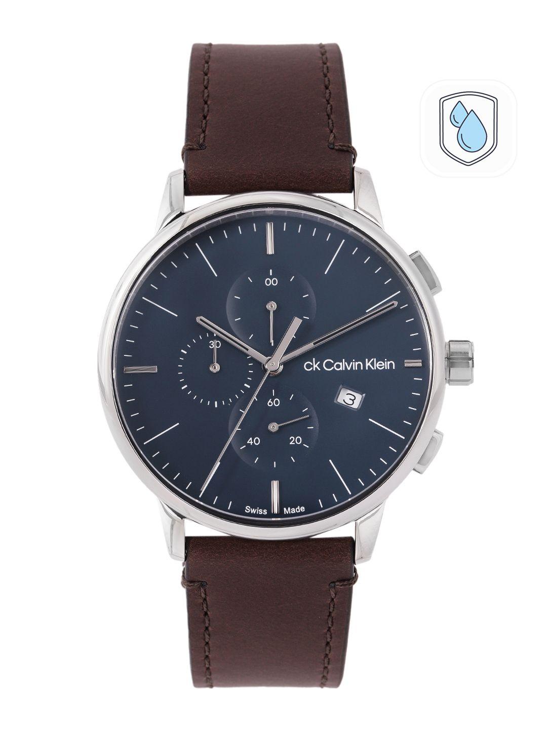 calvin klein men leather strap analogue swiss chronograph watch 25000040