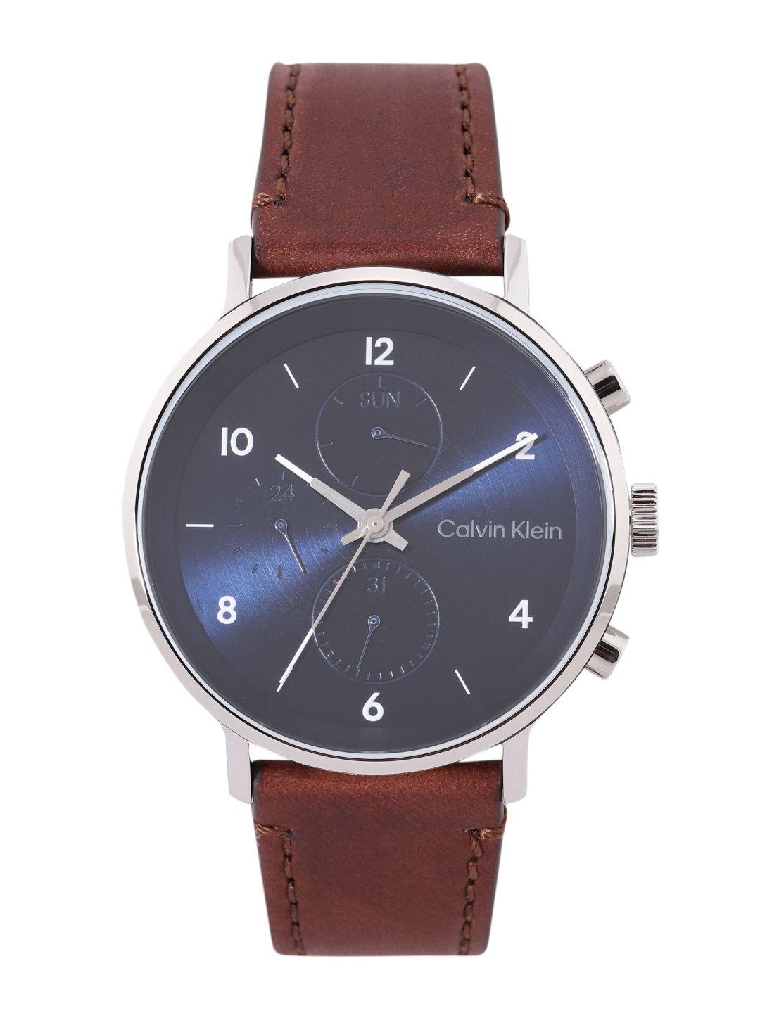 calvin klein men modern navy blue dial & brown leather straps analogue watch 25200112