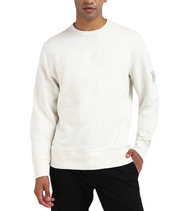 calvin klein men off white solid crew neck full sleeves sweatshirt