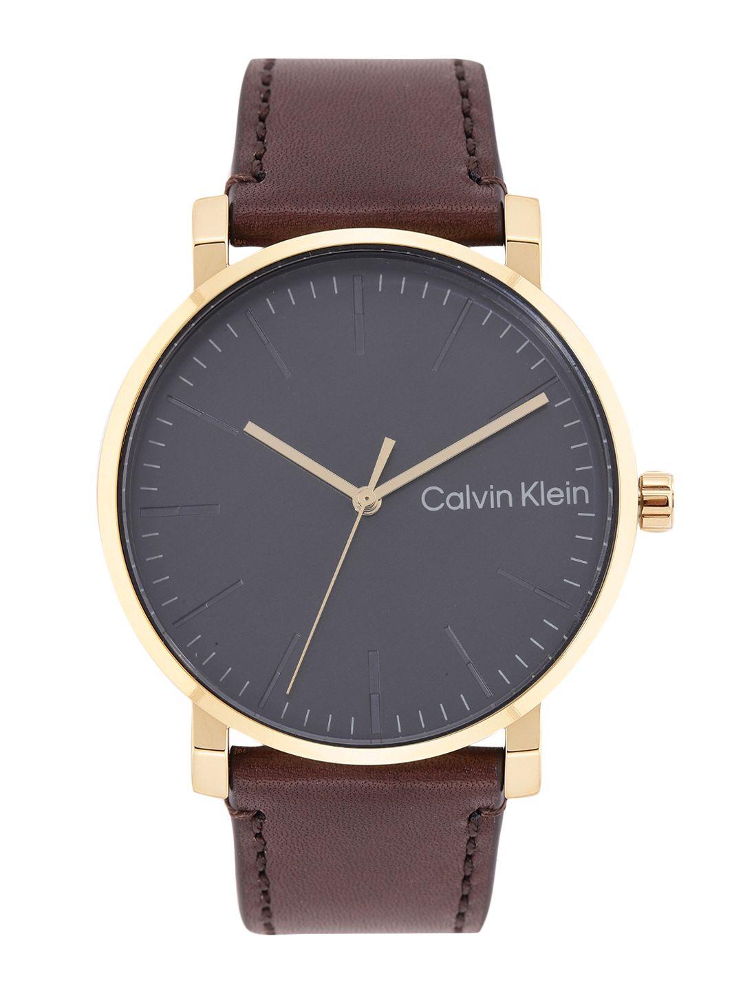 calvin klein men solid dial & leather strap analogue watch 25200261