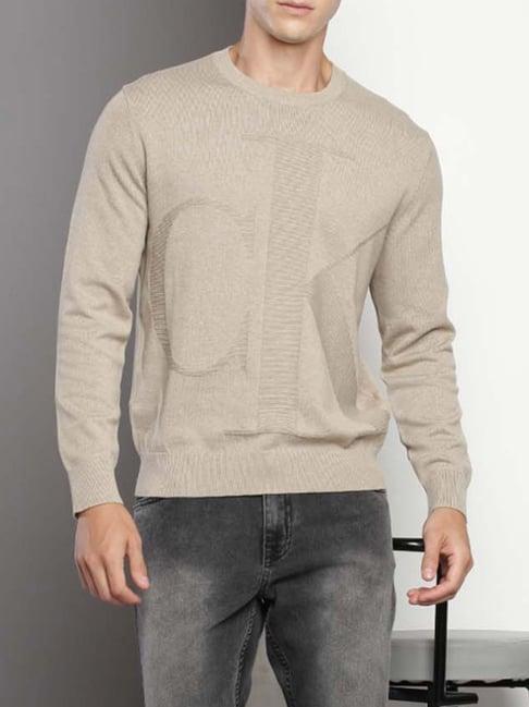 calvin klein plaza taupe cotton classic fit logo printed sweater