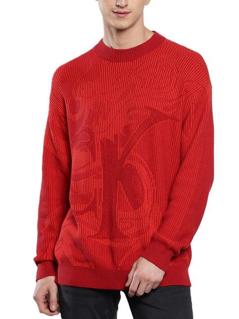 calvin klein red regular fit logo printed sweaters