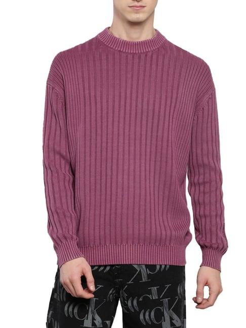 calvin klein wine cotton relaxed fit self pattern sweaters