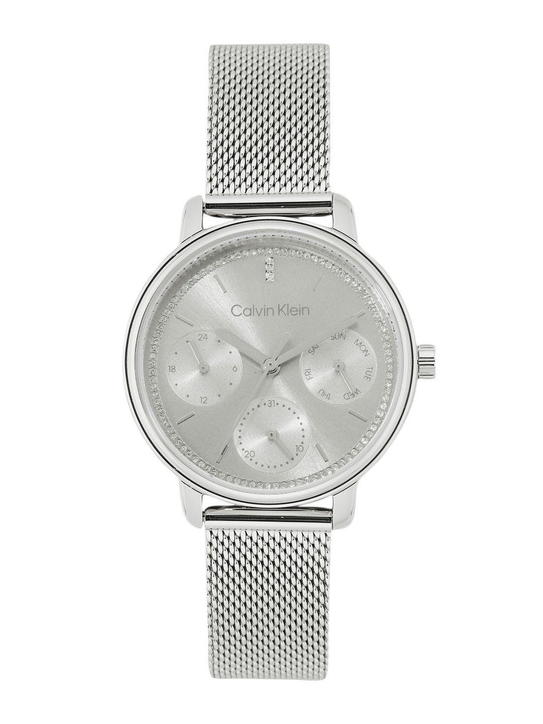 calvin klein women embellished minimalistic multi analogue watch 25200180-grey