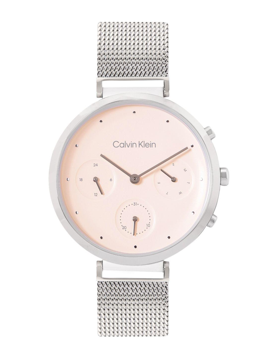 calvin klein women minimalistic t-bar textured analogue multi function watch 25200286