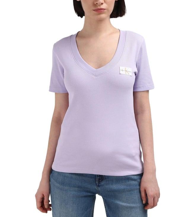 calvin klein women purple solid v-neck short sleeves t-shirt