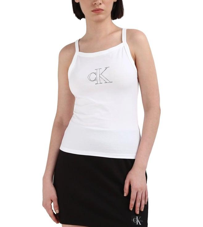 calvin klein women white solid shoulder strapes sleeveless top