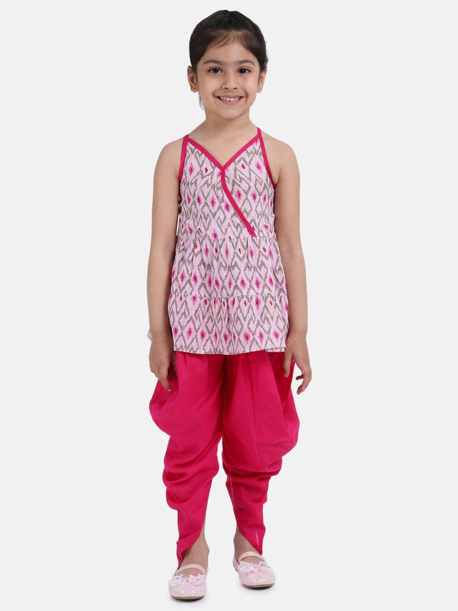cambric cotton top dhoti for girls- pink (set of 2)