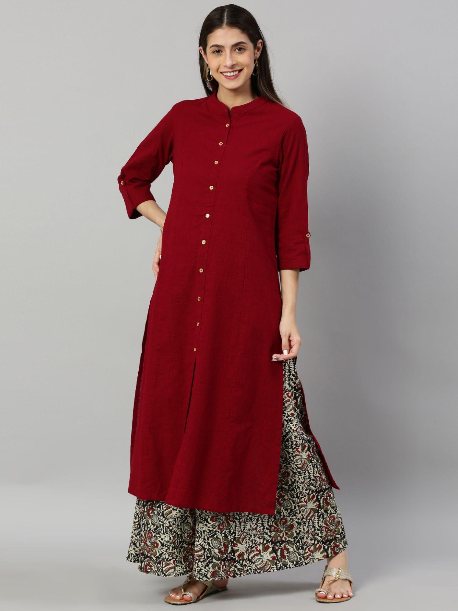 cambric cotton kalamkari print straight kurta palazzo set-maroon (set of 2)