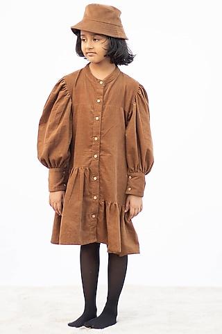 camel brown cotton corduroy dress for girls