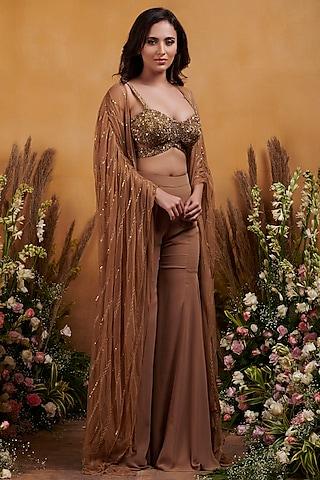 camel brown embroidered cape set