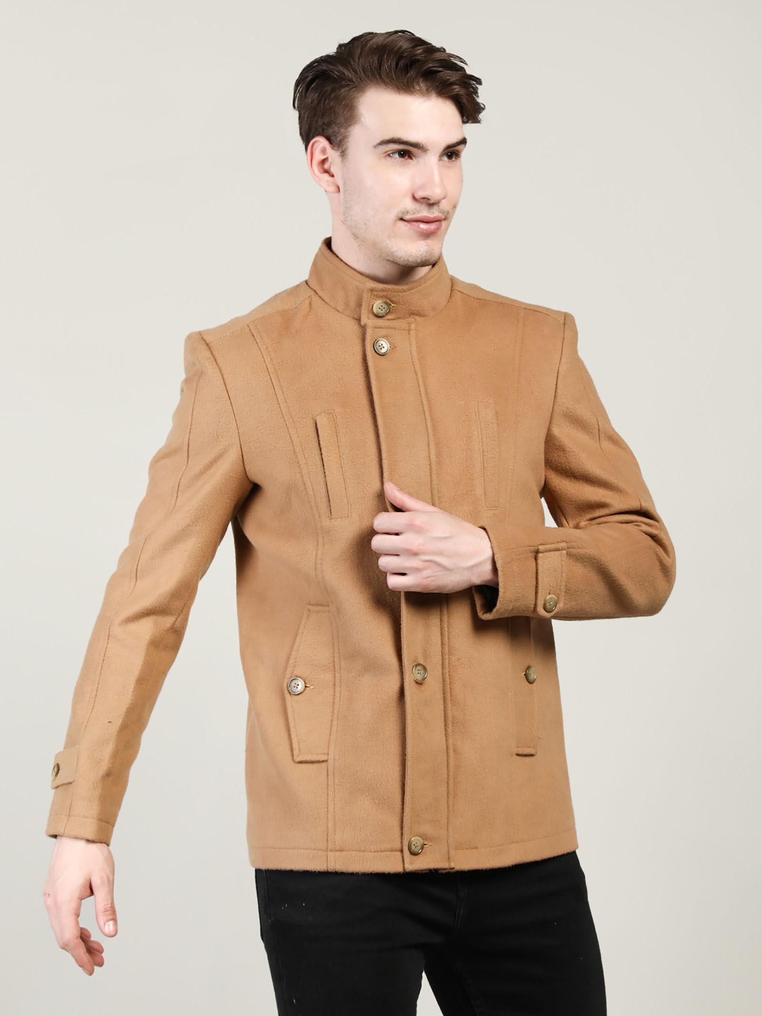 camel brown solid stand collar coats