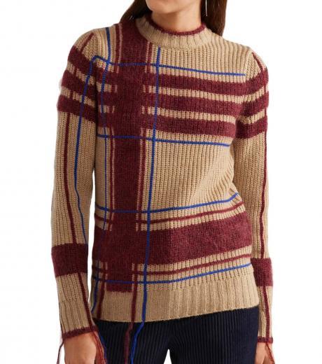 camel fringed checked knit sweater