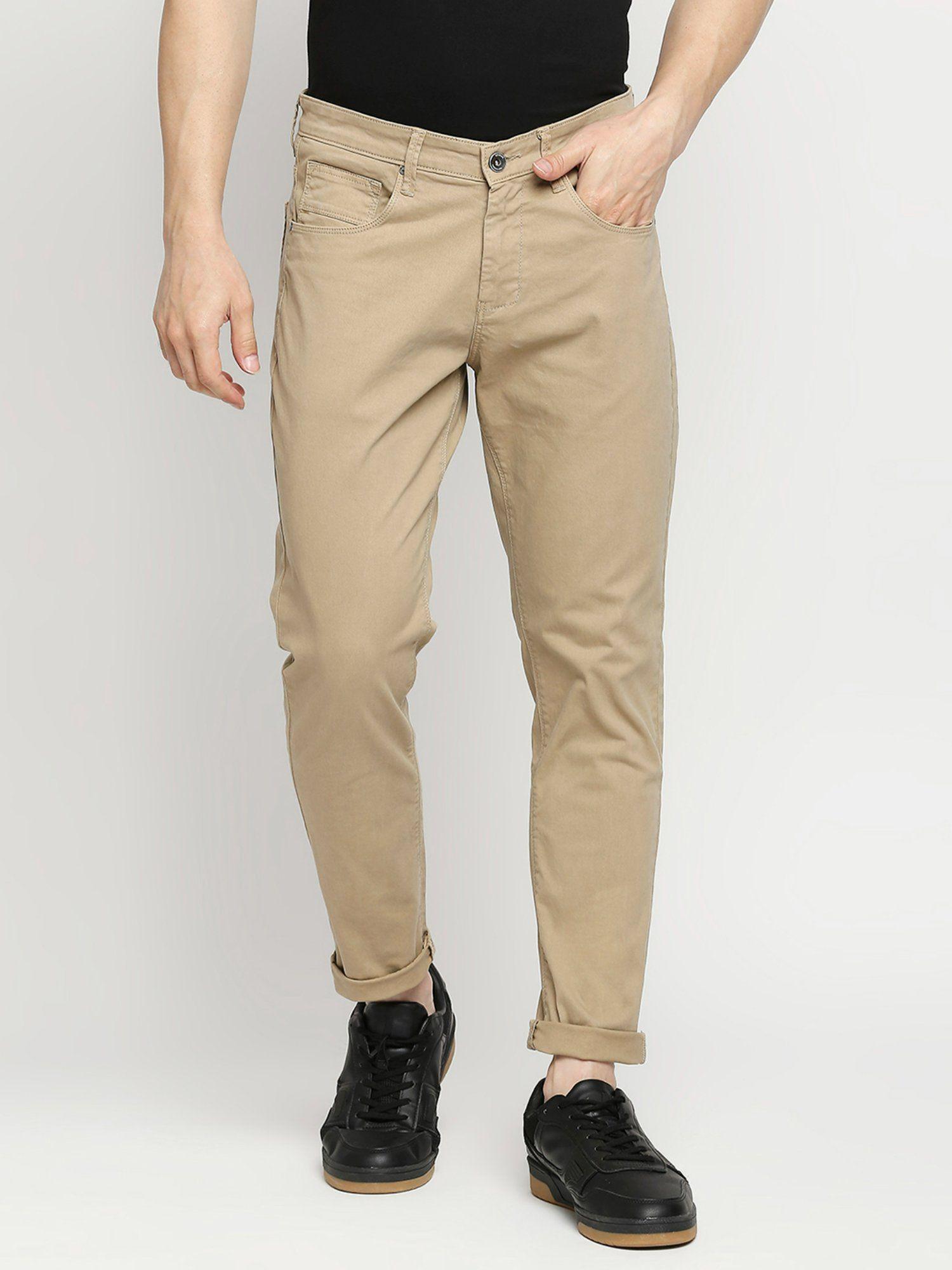 camel khaki cotton slim fit tapered length trousers for men