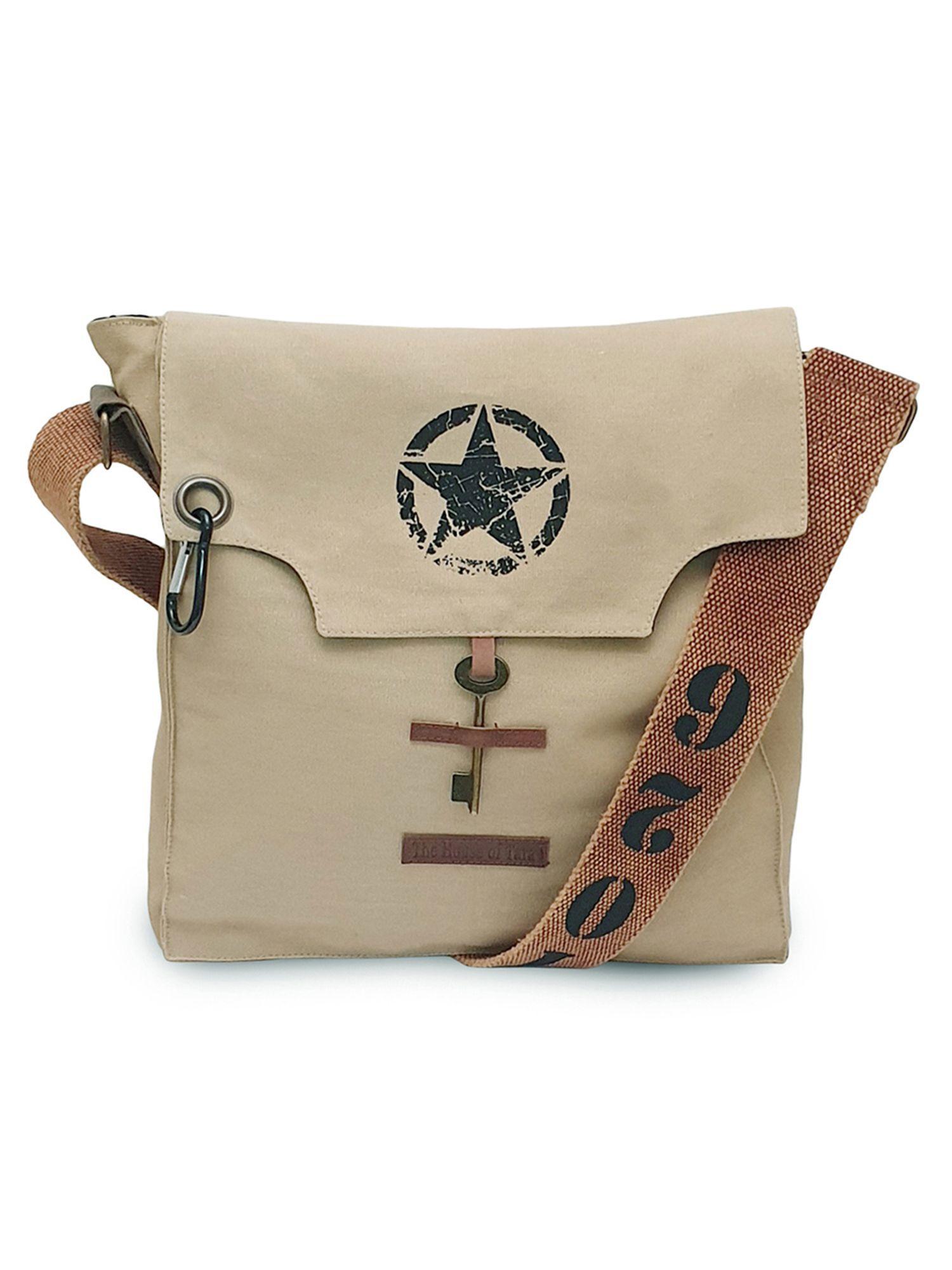 camel beige sturdy canvas unisex cross body sling side bag