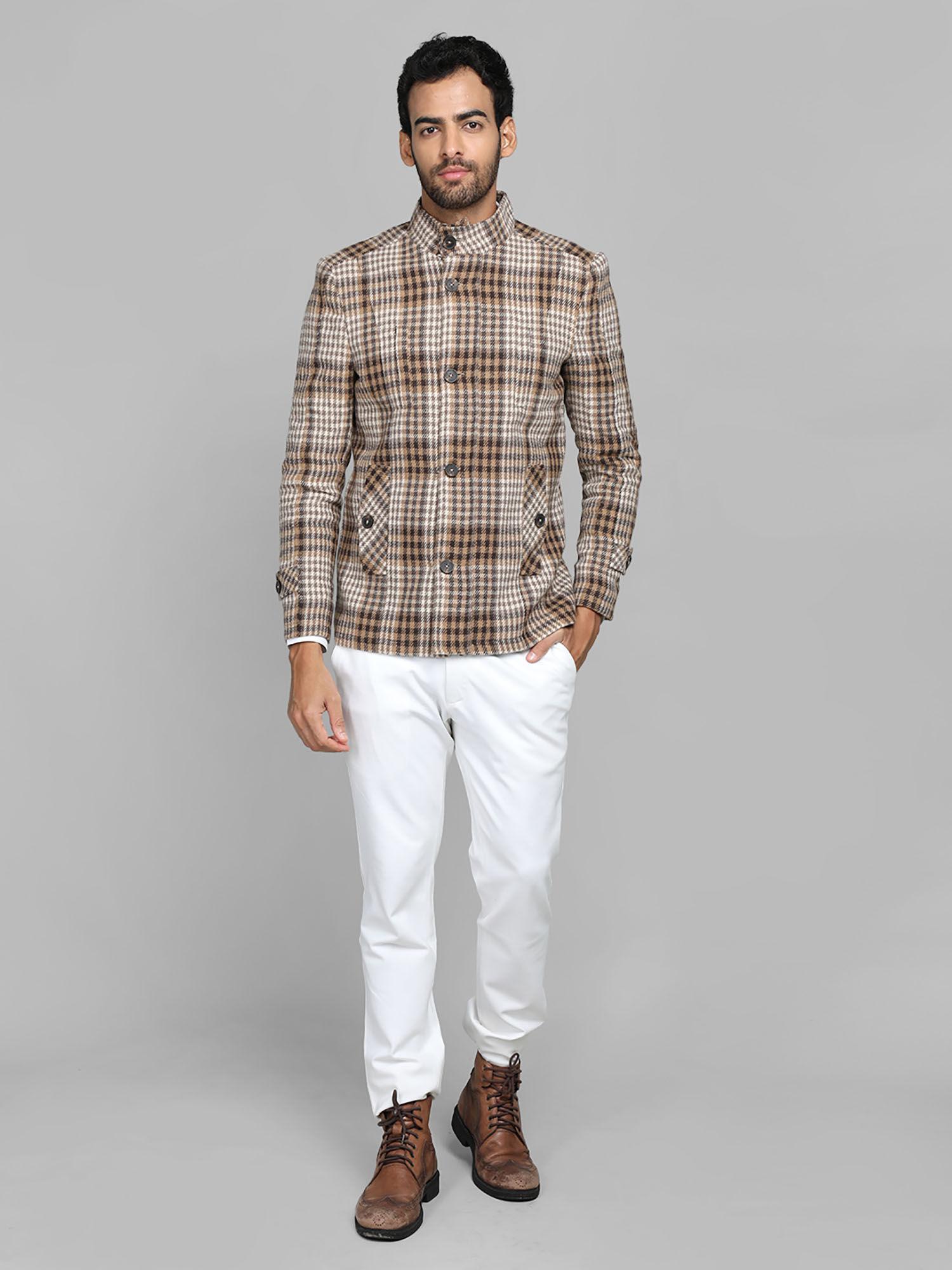 camel brown checked stand collar coats