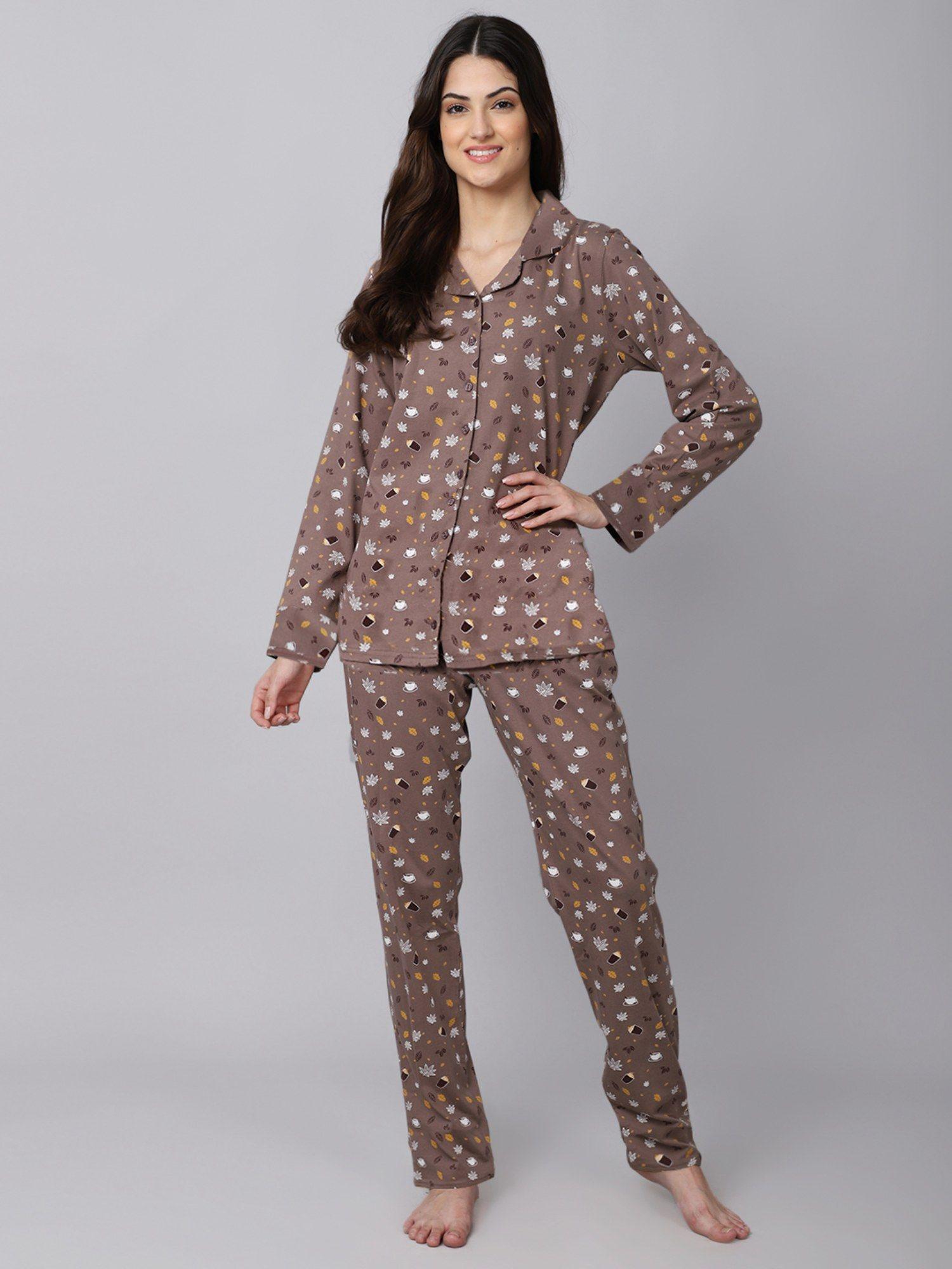 camel brown conversational printed pure cotton shirt & pyjama (set of 2)