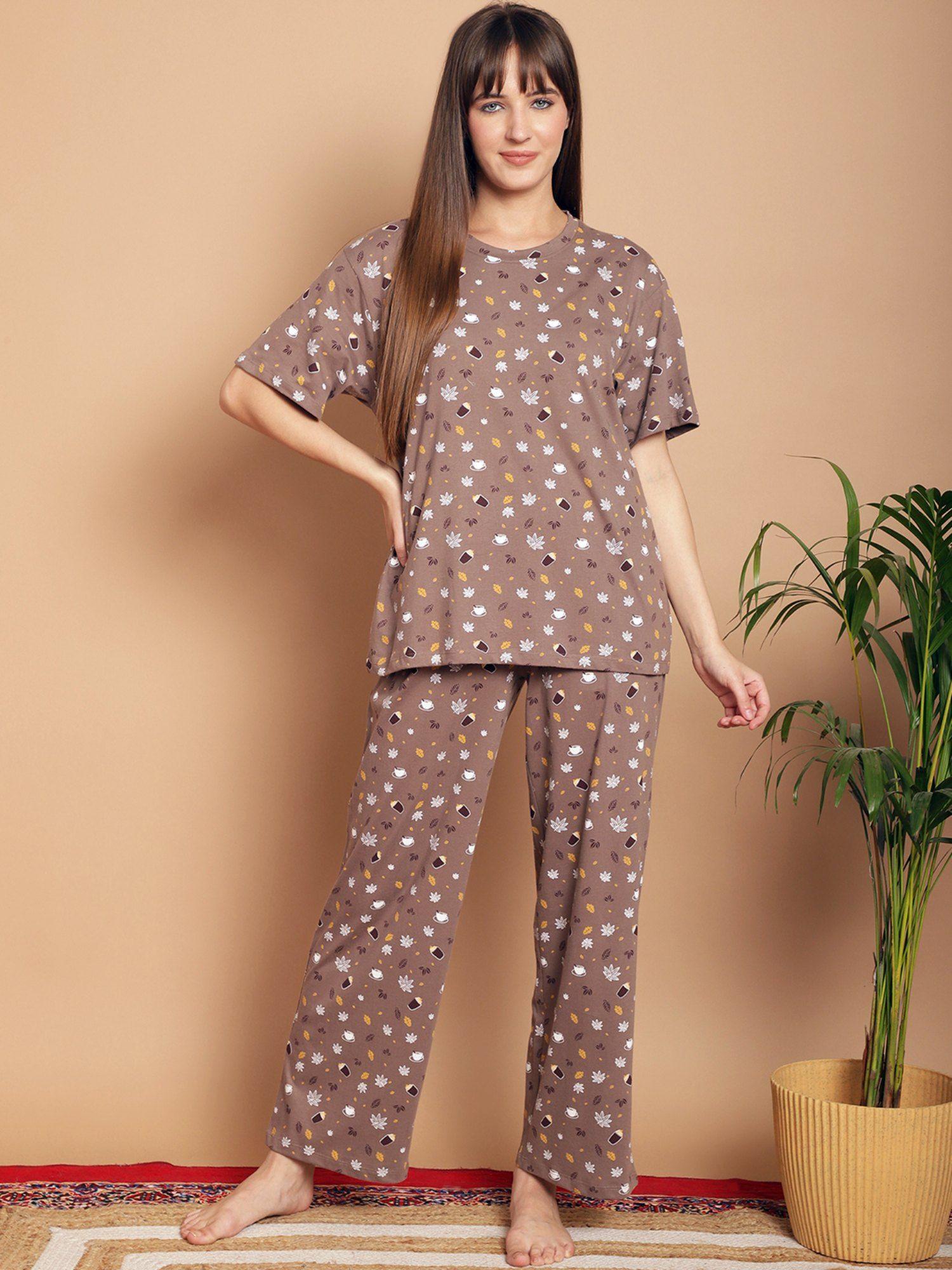 camel brown floral printed pure cotton night suit (set of 2)