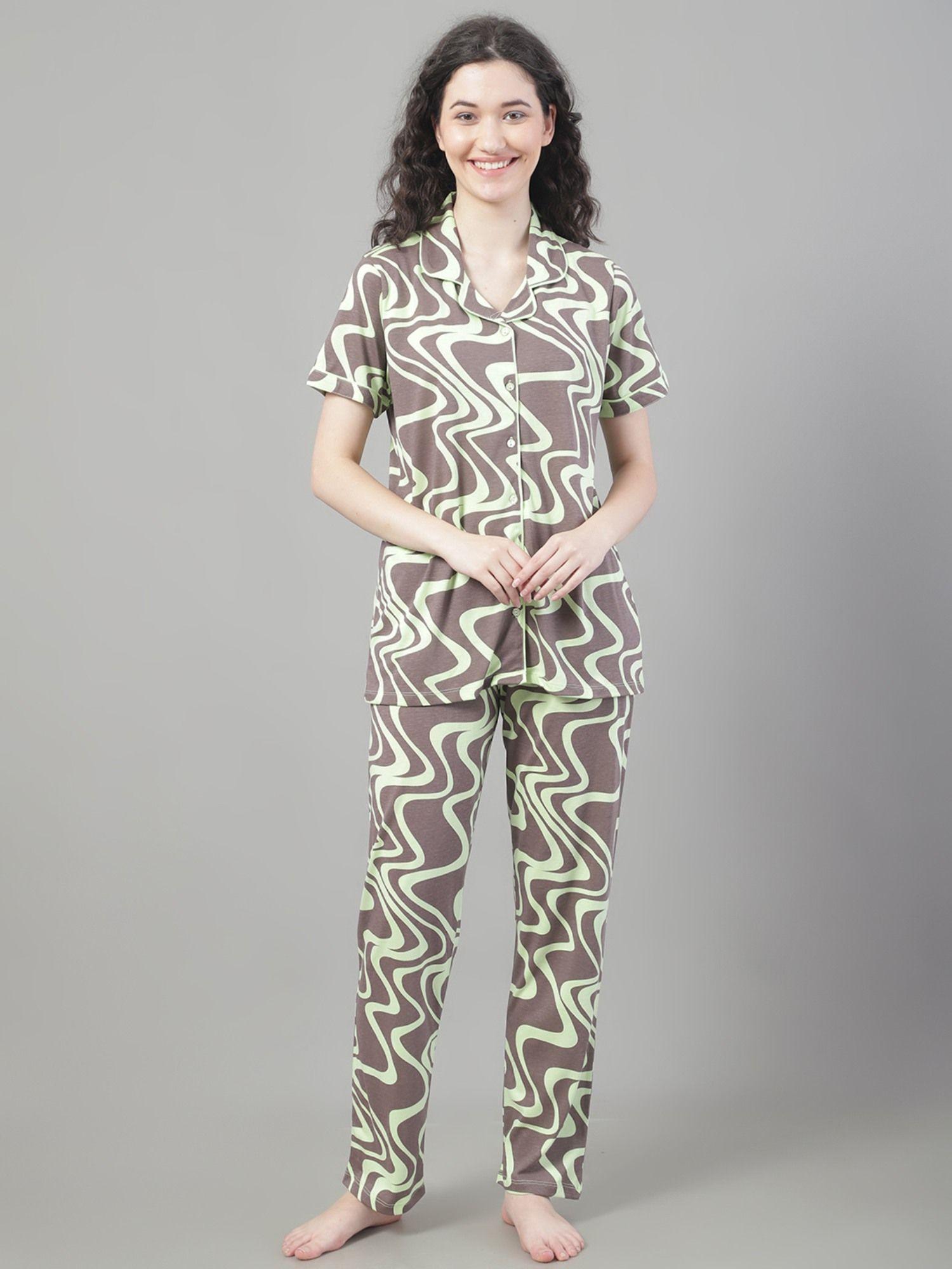 camel brown green abstract printed night suit (set of 2)