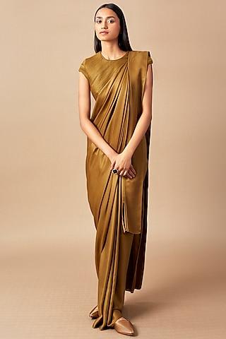 camel embroidered pre-draped saree set