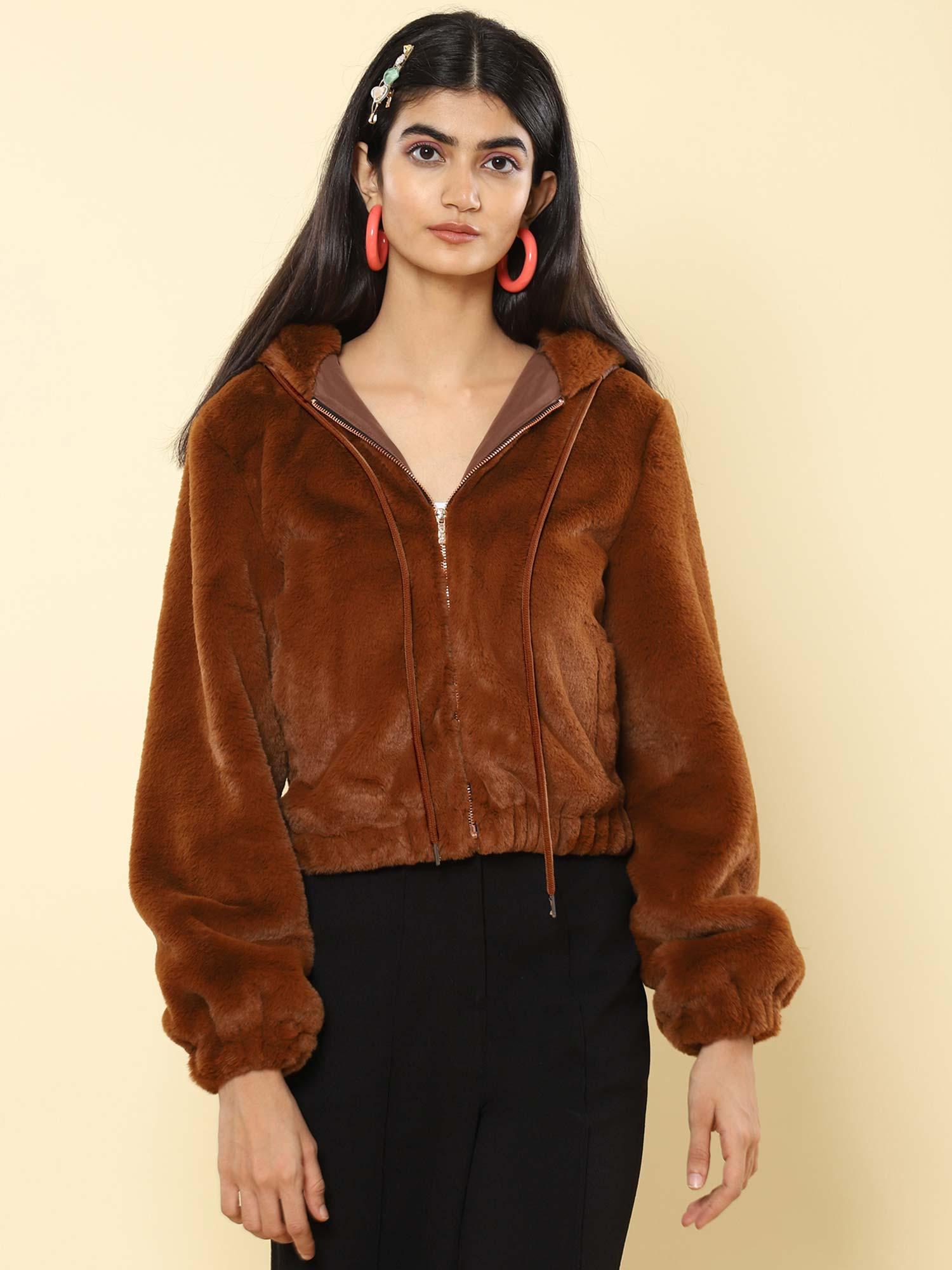 camel hooded faux fur jacket