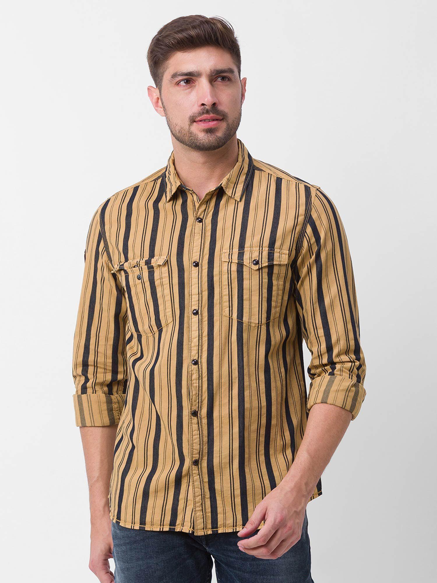 camel khaki cotton full sleeve stripes shirt for men