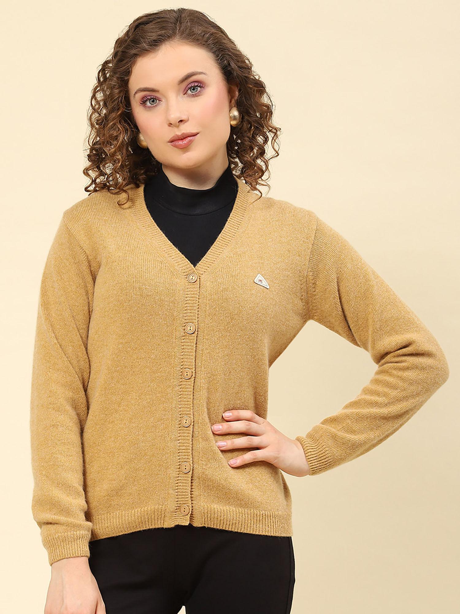 camel mix solid v neck cardigan