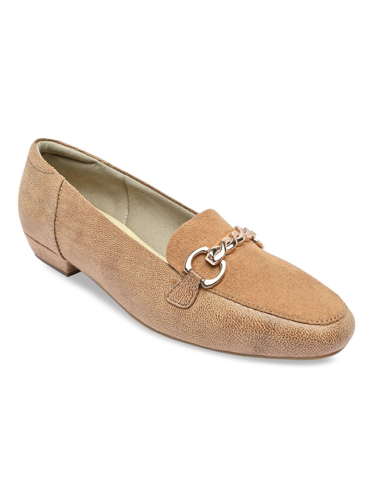 camel women solid chain embellished loafers